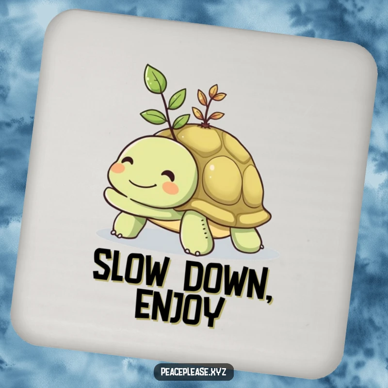 Funny coaster art of a smiling turtle carrying a small, vibrant seedling on its shell, protecting furniture.