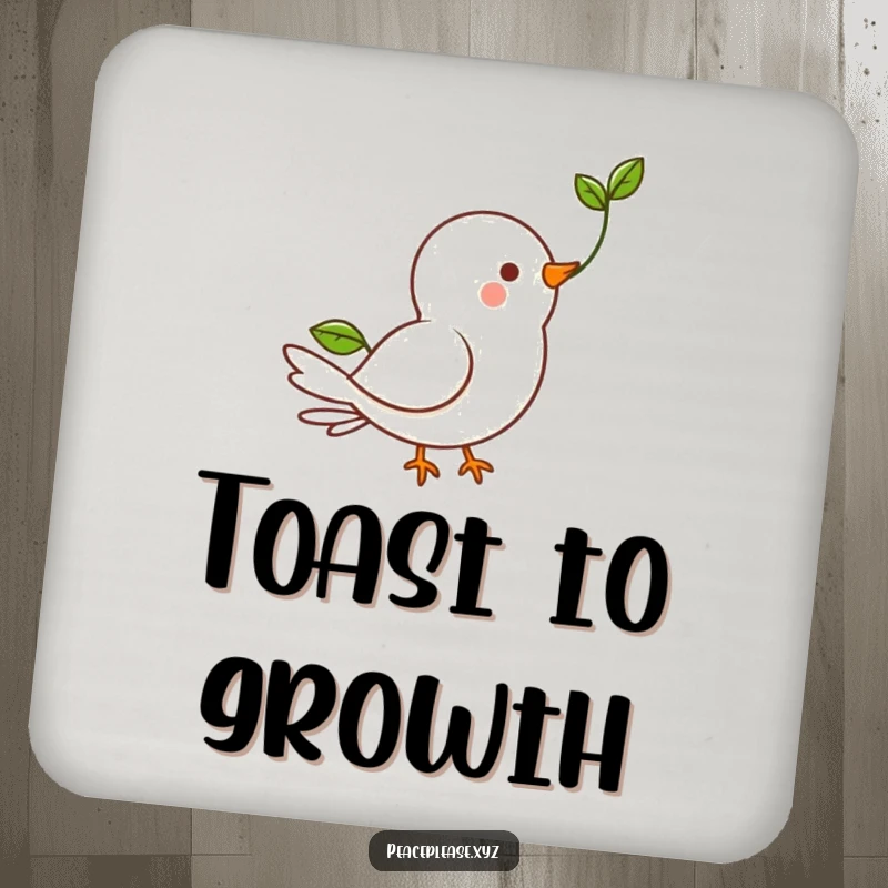 Funny Drink Coaster with a happy dove character holding a green sprout, representing hope.