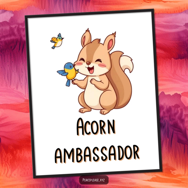 Funny Squirrel poster featuring a joyful squirrel offering nuts to a bird, a humorous and heartwarming woodland art print.