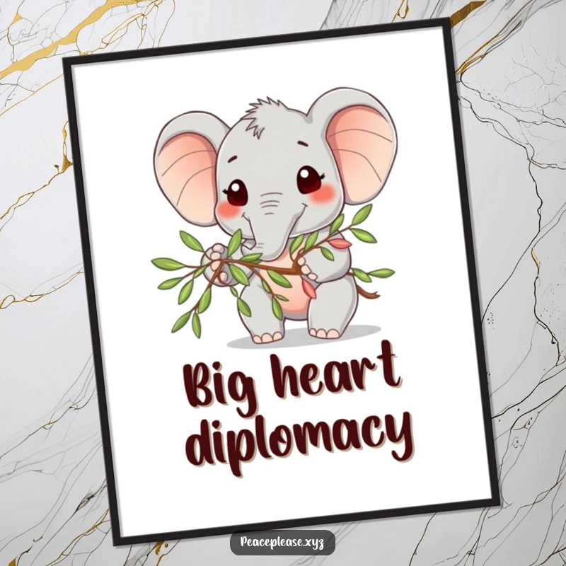 Funny Poster showcasing a cute elephant character with a friendly smile, extending an olive branch of peace.