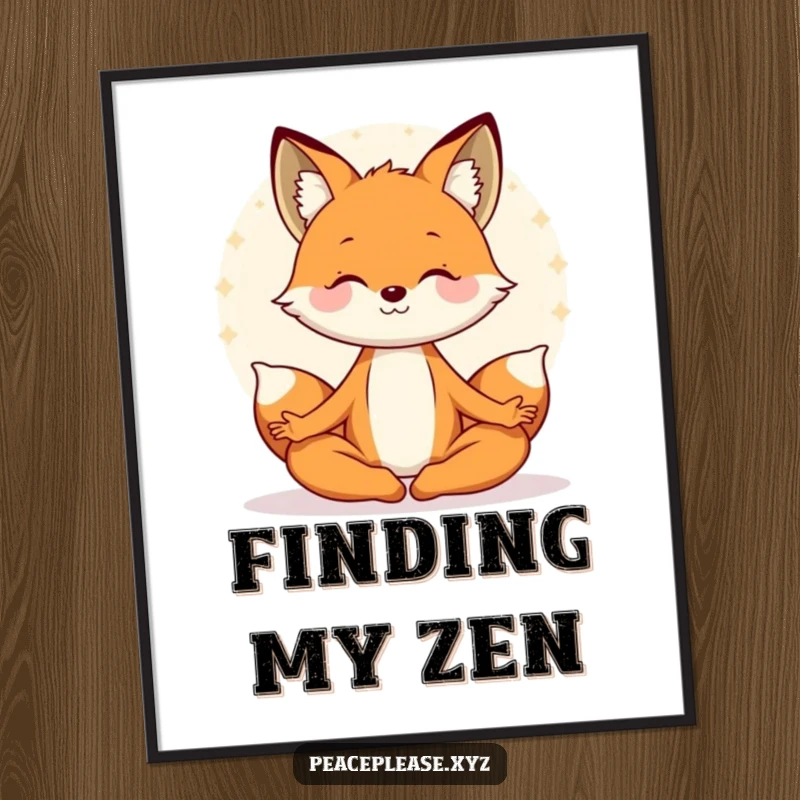 Funny poster print of a smiling fox in a meditative lotus pose, emitting a soothing, serene aura. Ideal humorous wall art gift.