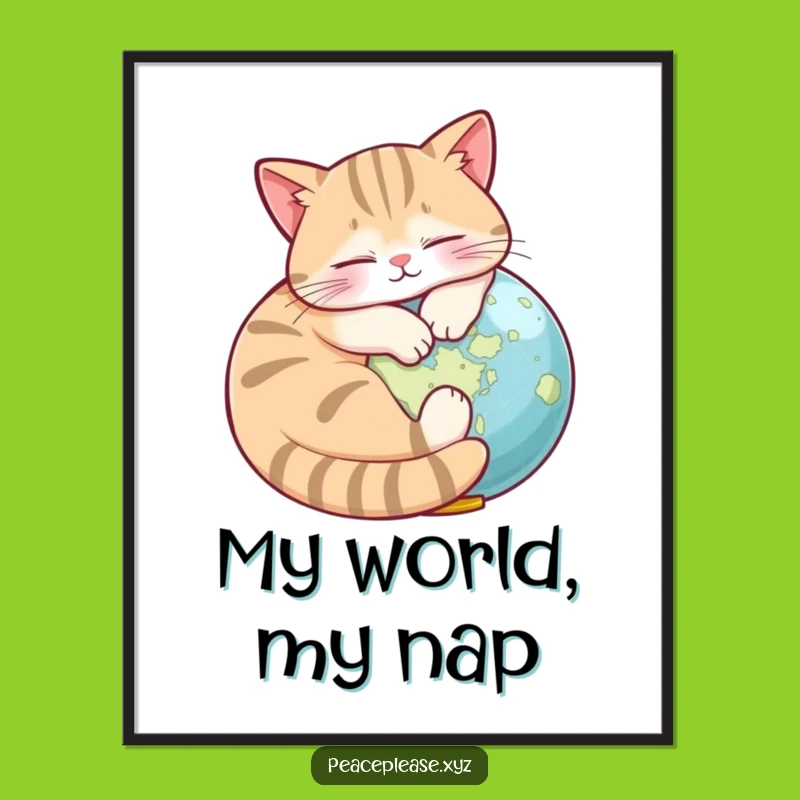 Funny Cat Globe Poster: Napping Feline Art, Hilarious Travel Decor