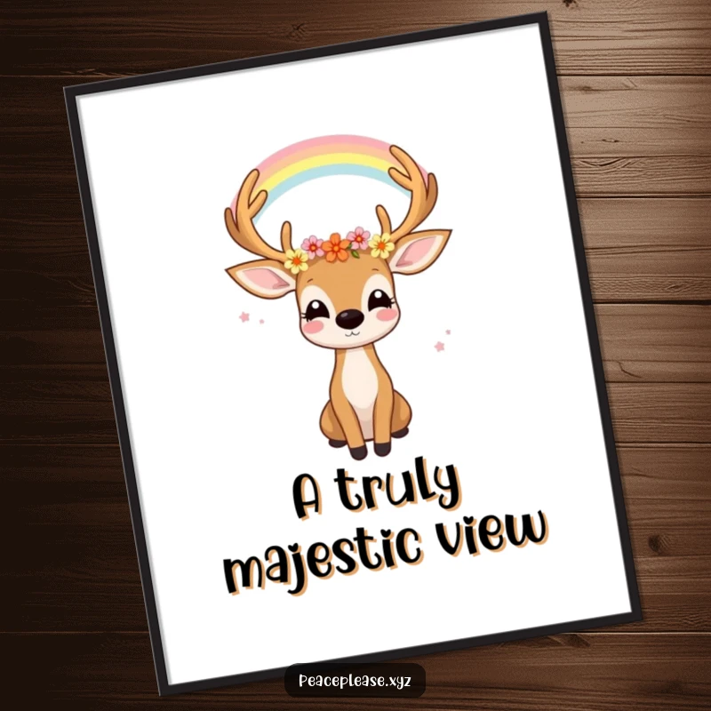 Funny poster art of a joyful deer with flowers in its antlers looking serenely at a rainbow, a symbol of hope.