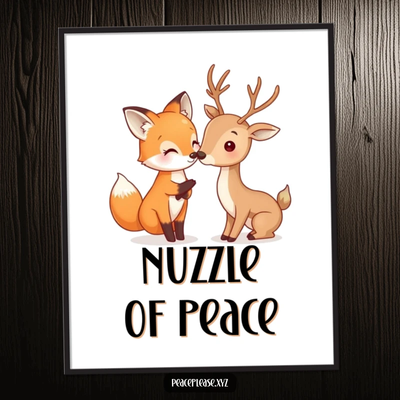 Funny Fox and Deer poster featuring a happy fox gently touching noses with a deer, a humorous and heartwarming woodland art print.