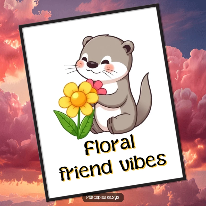 Funny poster art of a cute otter sharing a colorful flower, adding a touch of playful friendship to any room.