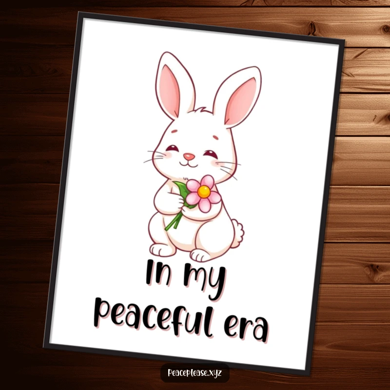 Funny Poster print of a serene bunny holding a blooming flower with a calm smile, adding peaceful decor.