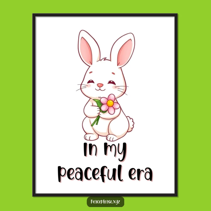 Funny Serene Bunny Poster: Calm Smile Flower Art, Peaceful Decor