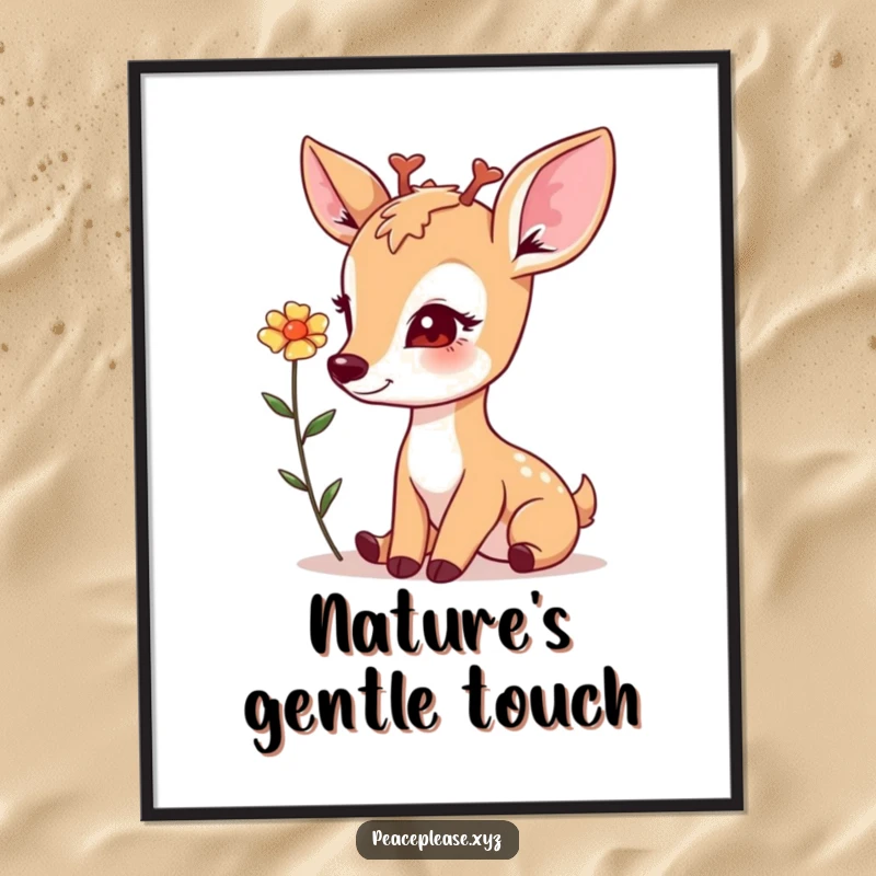 Poster art of a gentle deer with a soft gaze, offering a flower, creating a serene and peaceful atmosphere.
