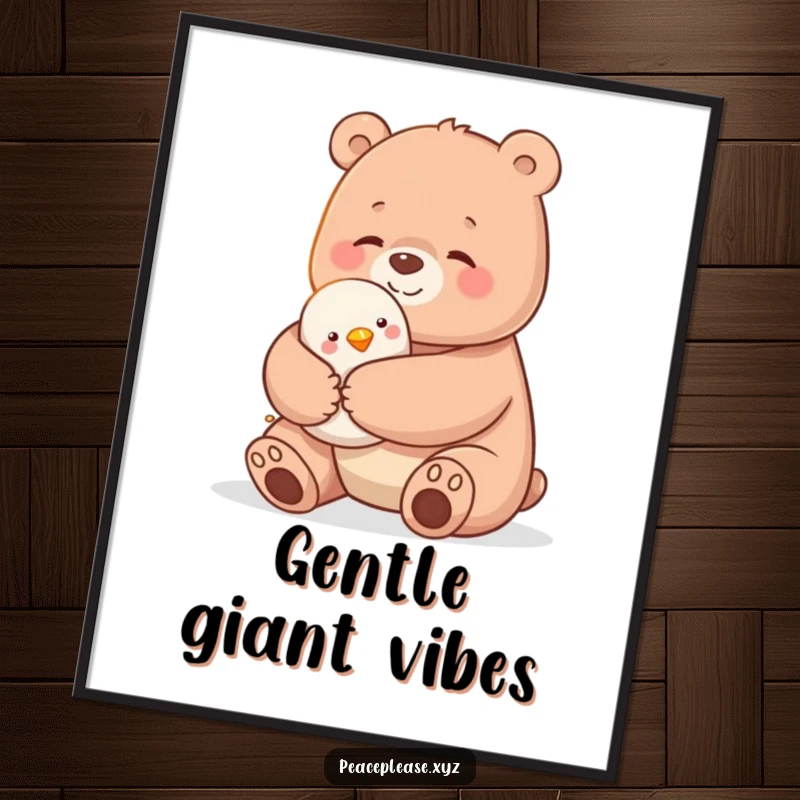Funny poster showing a big bear tenderly hugging a tiny bird, capturing an essence of pure affection and kindness.