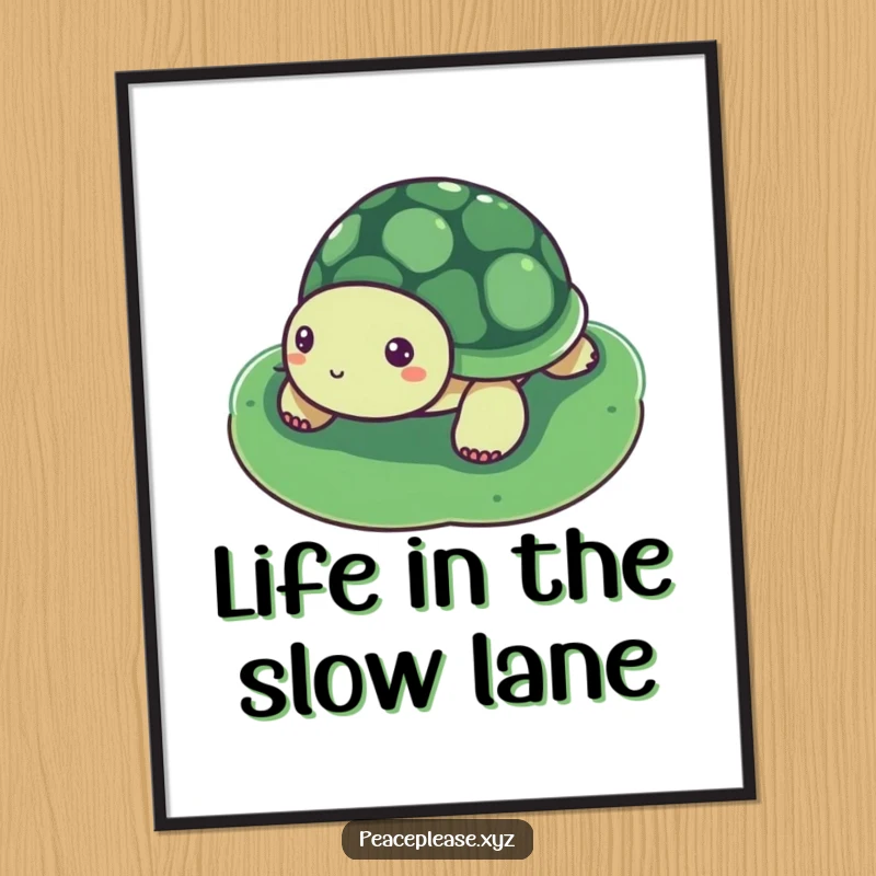 Funny Poster depicting a serene turtle floating peacefully on a lily pad, a charming piece of humorous, tranquil art.