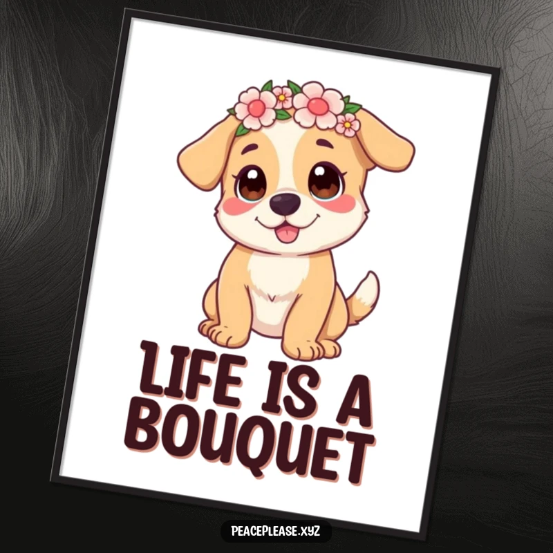 Funny Poster depicting a happy dog wearing a flower crown and wagging its tail, a burst of joyful, humorous art.