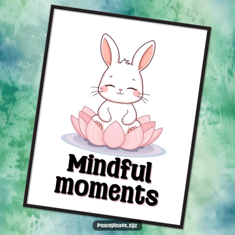 Funny rabbit meditating on a lotus flower pad, presented as a serene art print for wall decor, conveying peaceful humor, great gift.