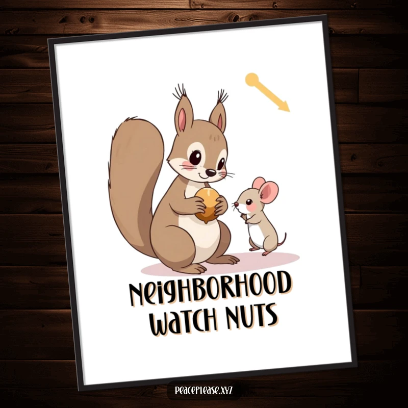Funny poster art of a curious squirrel offering a nut to a tiny, trusting mouse, capturing a moment of connection.