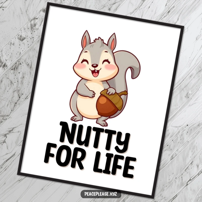 Poster art of a happy squirrel handing over a ripe acorn, celebrating generosity and forest bounty.