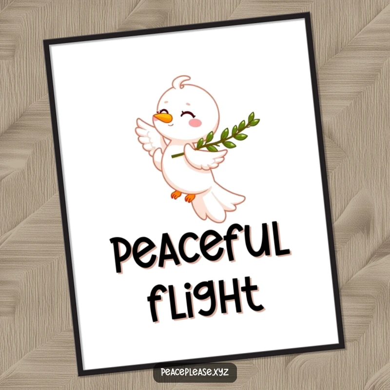 Funny smiling dove art print carrying an olive branch, soaring through clouds, for wall decor, conveying peaceful humor, great gift.