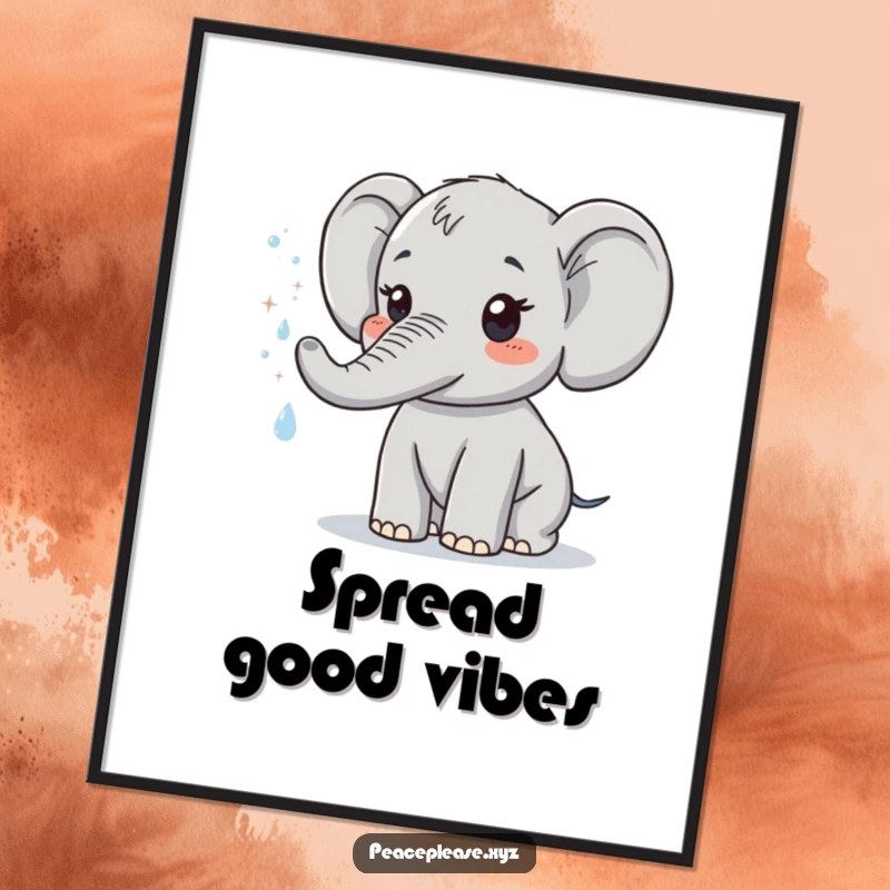 Funny poster print of a cute elephant character spraying a gentle mist of sparkling water. Ideal humorous wall art gift.