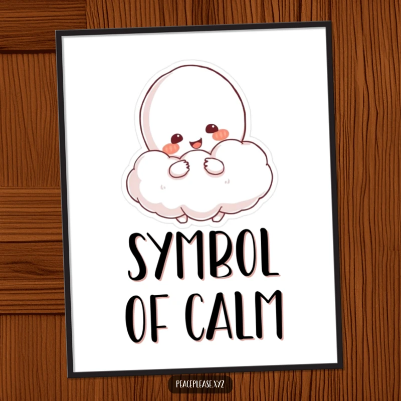Funny Poster featuring a smiling, resolved character hugging a fluffy cloud shaped like a peace symbol.