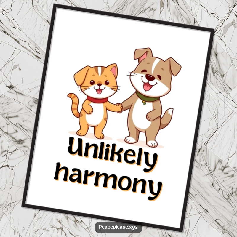 Funny Poster featuring a cheerful cat and a friendly dog character holding hands, celebrating friendship.