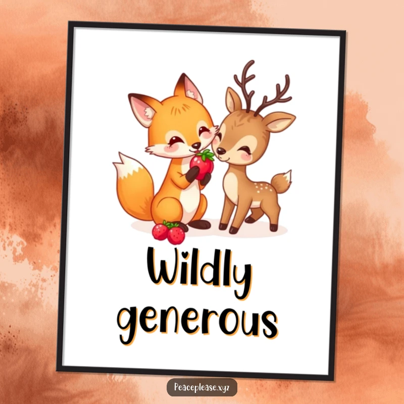 Funny poster depicting a playful fox sharing a berry with a gentle deer, symbolizing woodland harmony and sharing.