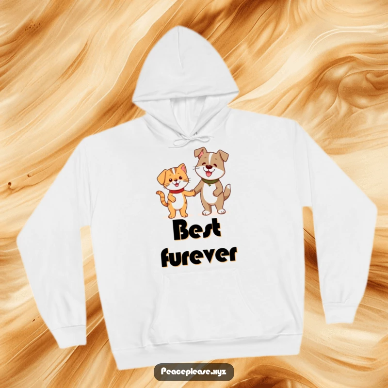 Funny Hoodie featuring a cheerful cat character and a friendly dog character holding hands, celebrating friendship.