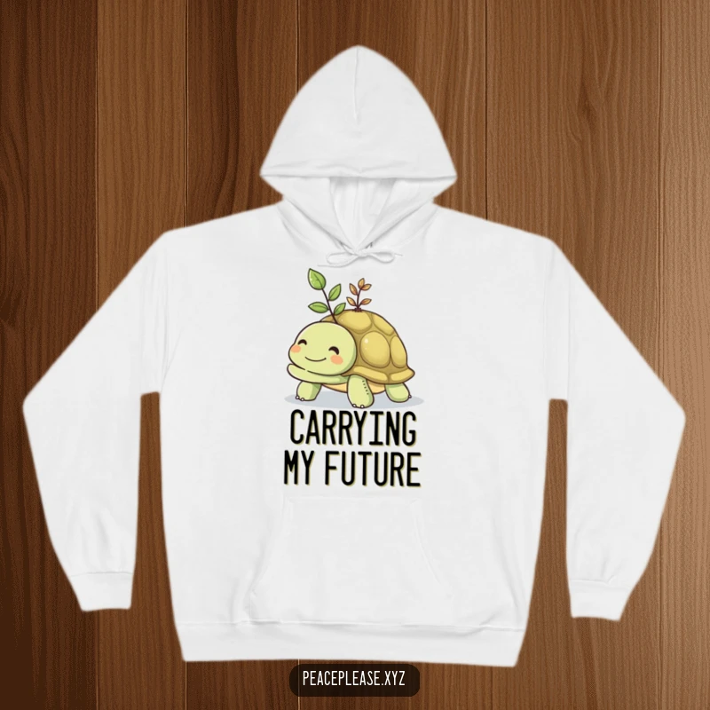 Funny hoodie design of a smiling turtle carrying a small, vibrant seedling on its shell, symbolizing nurturing.