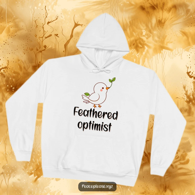 Funny Hoodie featuring a happy dove character holding a small green sprout, symbolizing hope and new life.
