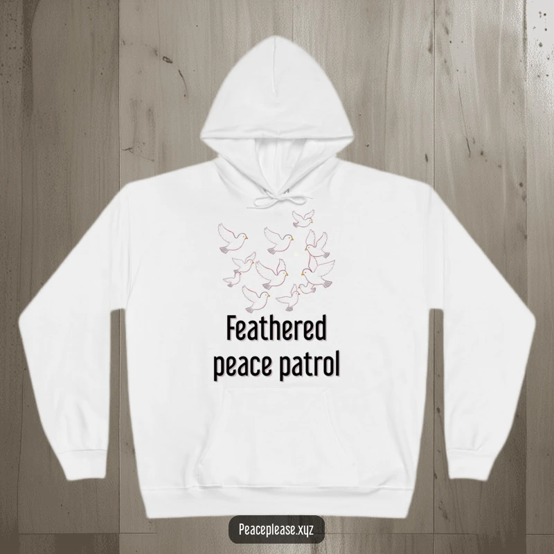 Funny hoodie featuring a serene formation of white doves in flight, offering a sense of calm and unity.