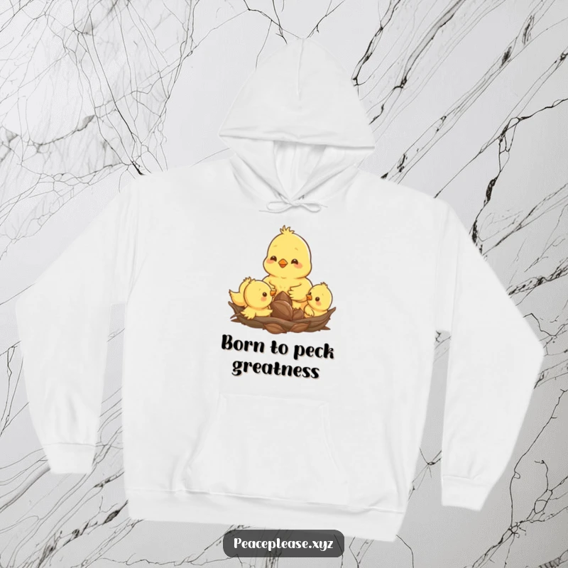 Funny hoodie design of a happy chick pecking a seed among its siblings, creating a cozy nest scene.