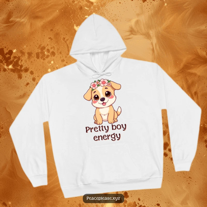 Funny Hoodie featuring a joyful dog with a flower crown, wagging its tail, offering cozy and humorous vibes.