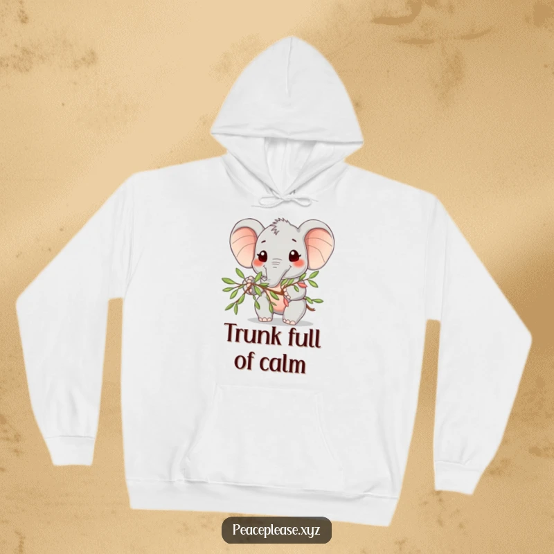 Funny Hoodie featuring a cute, smiling elephant character extending an olive branch, symbolizing peace and friendship.
