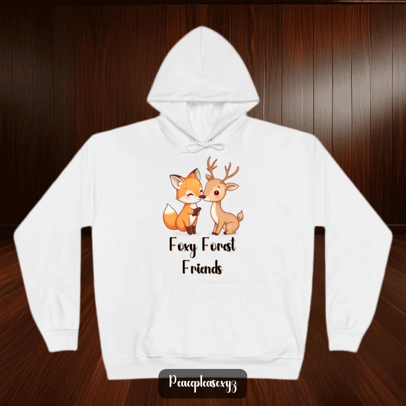 Funny Fox and Deer hoodie depicting a happy fox gently touching noses with a deer, a cozy and humorous woodland scene.