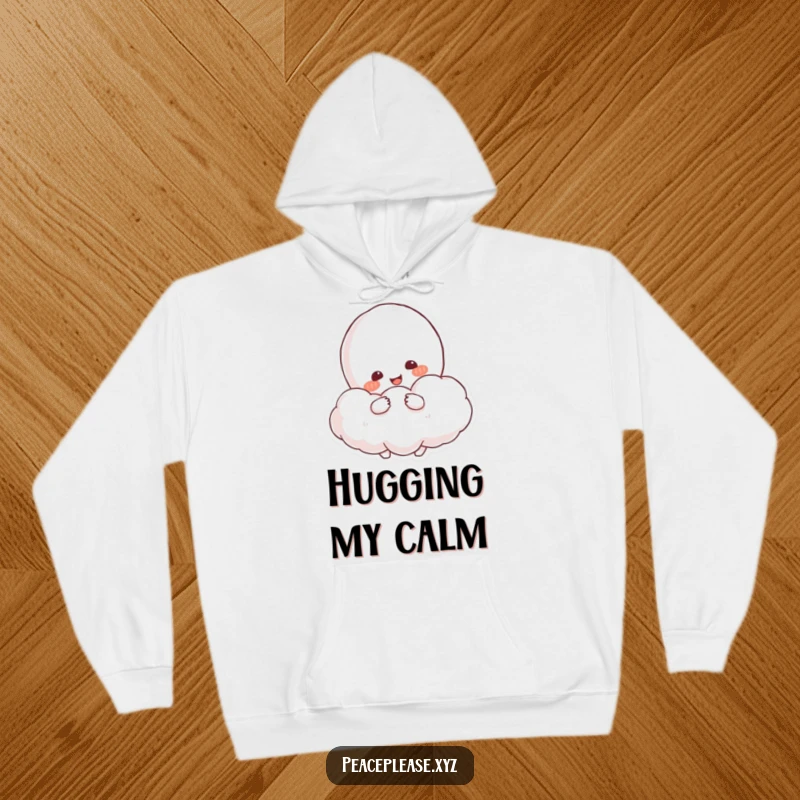 Funny Hoodie showcasing a smiling, resolved character hugging a fluffy cloud shaped like a peace symbol.