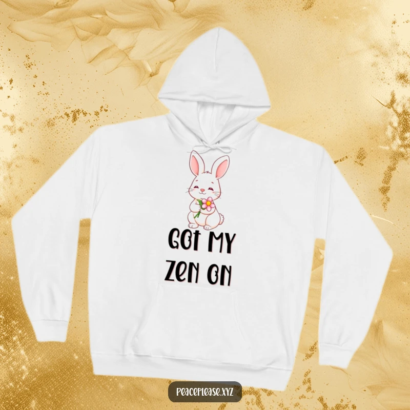 Funny Hoodie showing a serene bunny holding a blooming flower with a calm smile, perfect for cozy tranquility.