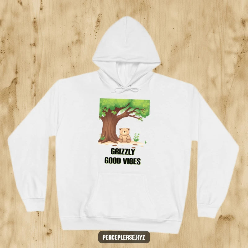 Funny Hoodie showcasing a serenely meditating bear beneath a leafy tree, offering comforting humor and peaceful vibes.
