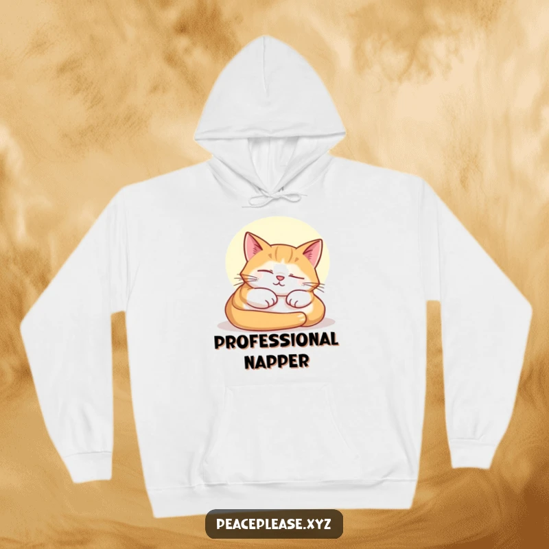 Funny hoodie showcasing a contented cat peacefully napping in a warm, sun-drenched beam, radiating coziness.
