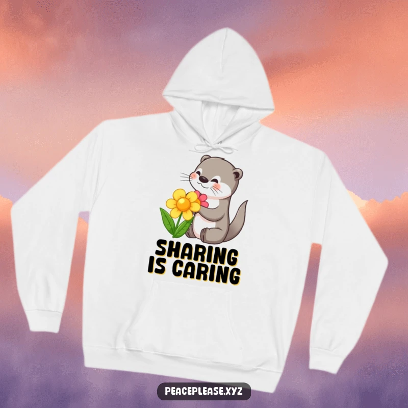 Funny hoodie depicting a gentle otter offering a flower to another animal, a symbol of warmth and connection.