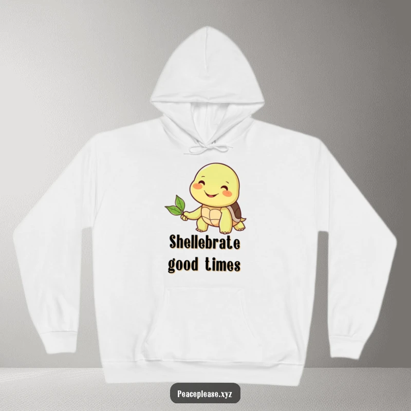 Funny hoodie with a smiling turtle extending a leaf to a smiling friend, symbolizing warmth and generosity.