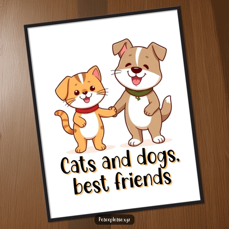 Funny Free Printable Wall Art: Cheerful cat character holding hands with a friendly dog, symbolizing friendship and fun.