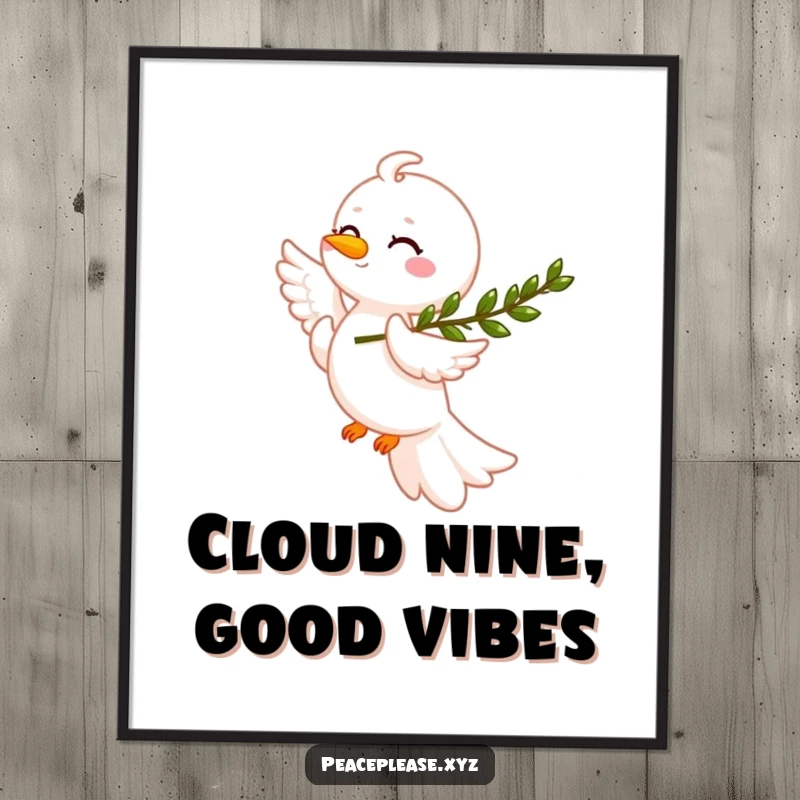 Funny Free Printable Wall Art: A smiling dove with an olive branch gracefully soaring through soft clouds, peaceful.
