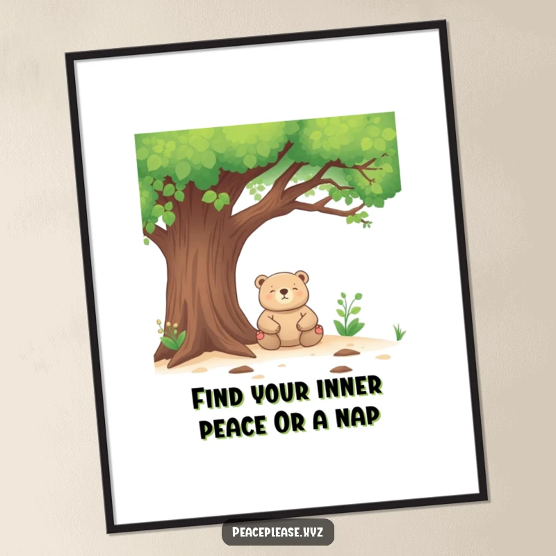Funny Free Printable Wall Art: A meditating bear finds inner peace under a lush tree, creating serene and humorous downloadable decor.