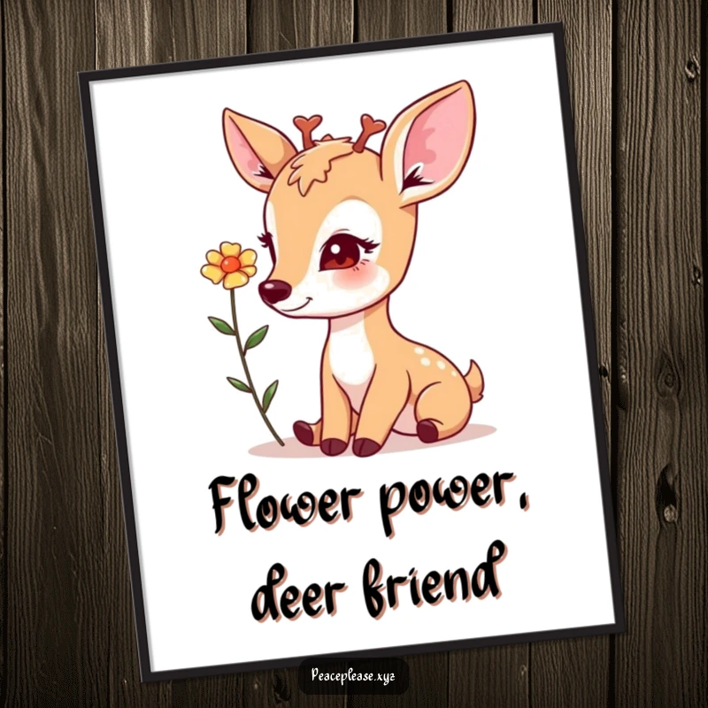Free Printable Wall Art: A gentle deer with a soft gaze offers a flower, creating a peaceful and amusing scene.