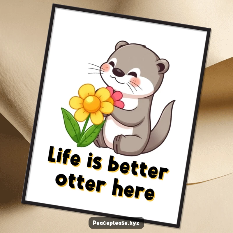 Funny Free Printable Wall Art: A playful otter shares a colorful flower with another animal, creating a whimsical, heartwarming scene.