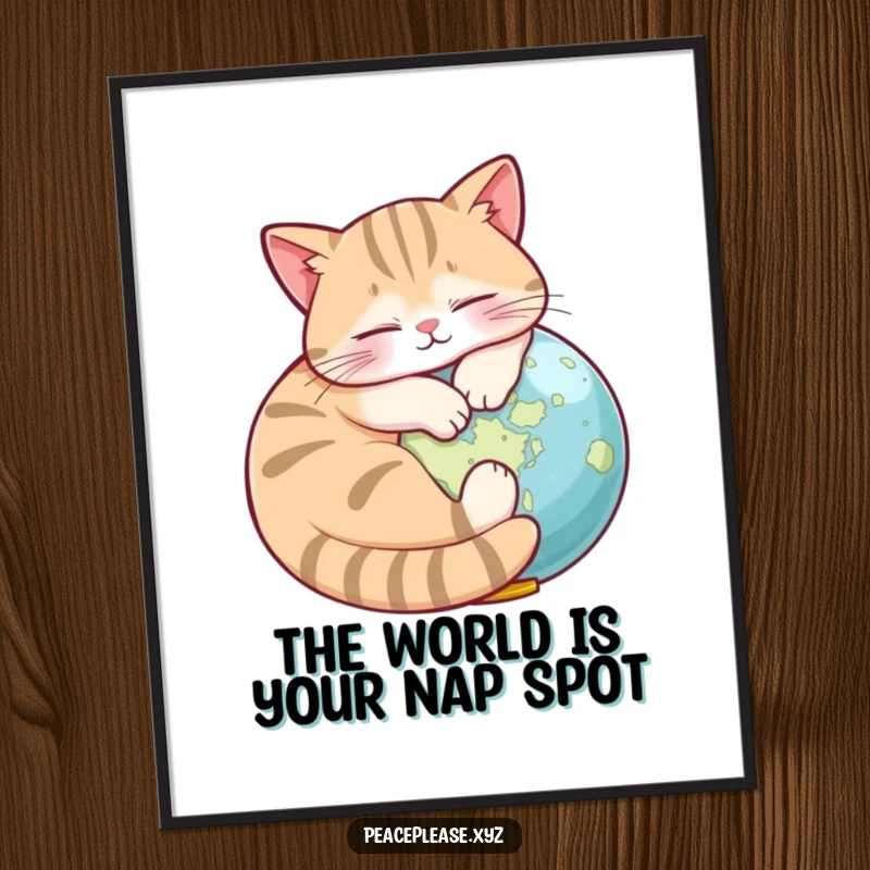 Funny Free Printable Wall Art: A sleepy cat rests on a miniature globe, a humorous and charming piece of downloadable decor.