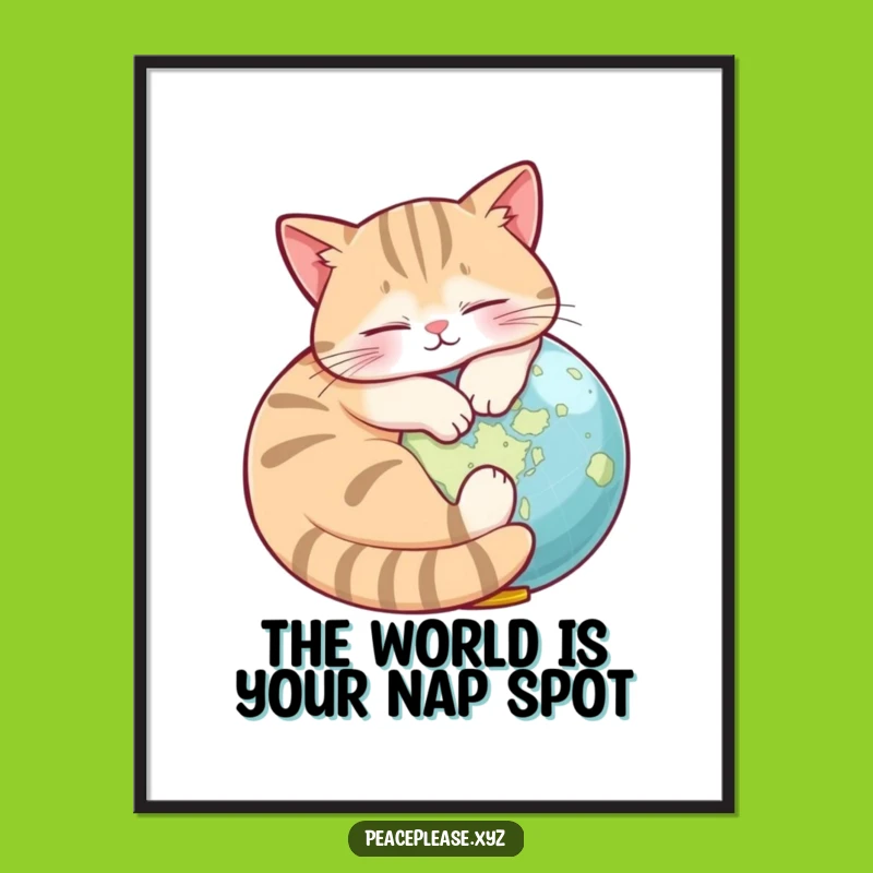 Free Printable Wall Art: Cat Napping on Globe, Funny Downloadable Design for Travelers' Decor