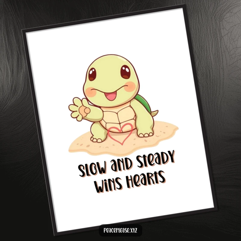 Funny Free Printable Wall Art: Cheerful turtle extends paw with heart drawn in sand, evoking peaceful beach vibes.
