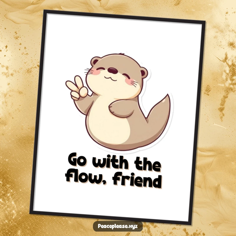 Funny Free Printable Wall Art: A serene otter floats on its back, giving a peace sign, radiating chill and humor.