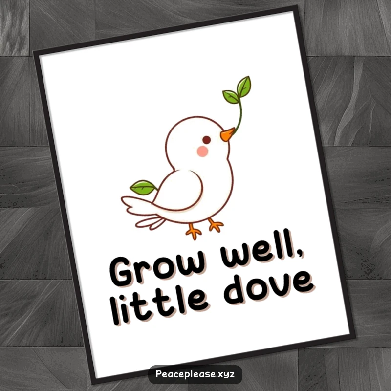 Funny Free Printable Wall Art: Happy dove character carrying a small green sprout, symbolizing hope, peace, and new beginnings.