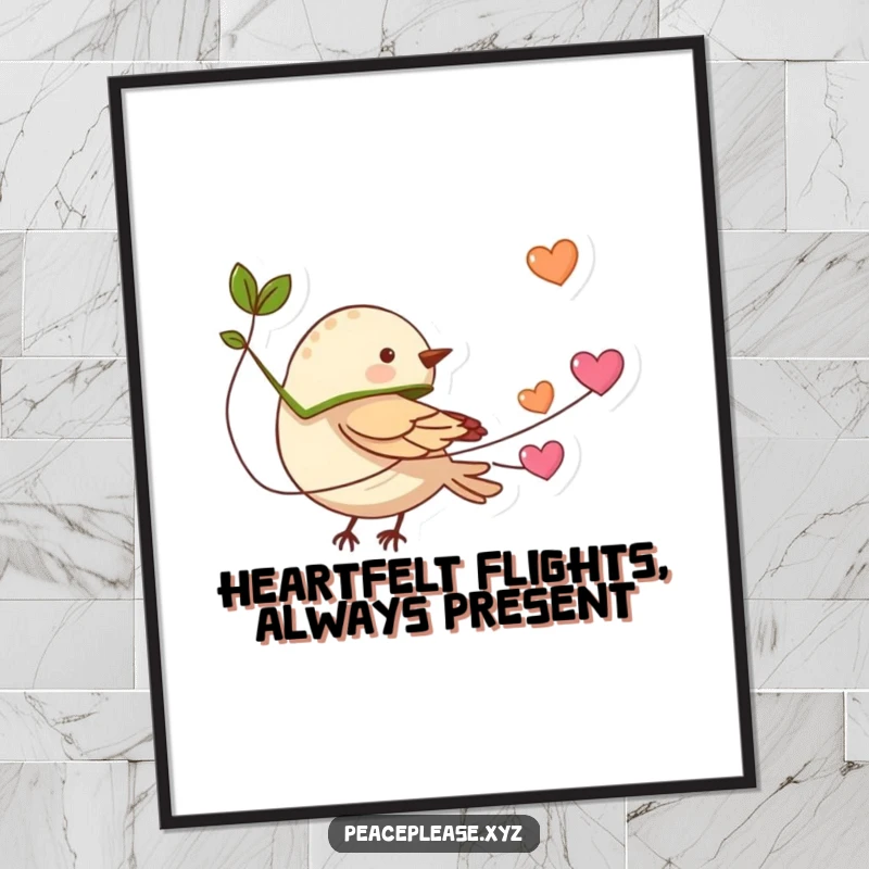 Funny Free Printable Wall Art: A tiny bird with a leaf cape flying gracefully, trailing a beautiful string of hearts.