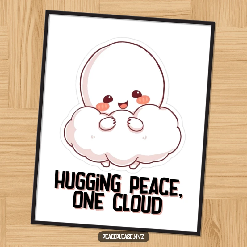 Funny Free Printable Wall Art: Smiling character hugging a fluffy cloud that resembles a peace symbol, radiating calm and joy.