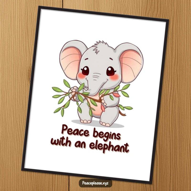 Funny Free Printable Wall Art: Cute elephant character extending an olive branch with a friendly smile, symbolizing peace and good cheer.